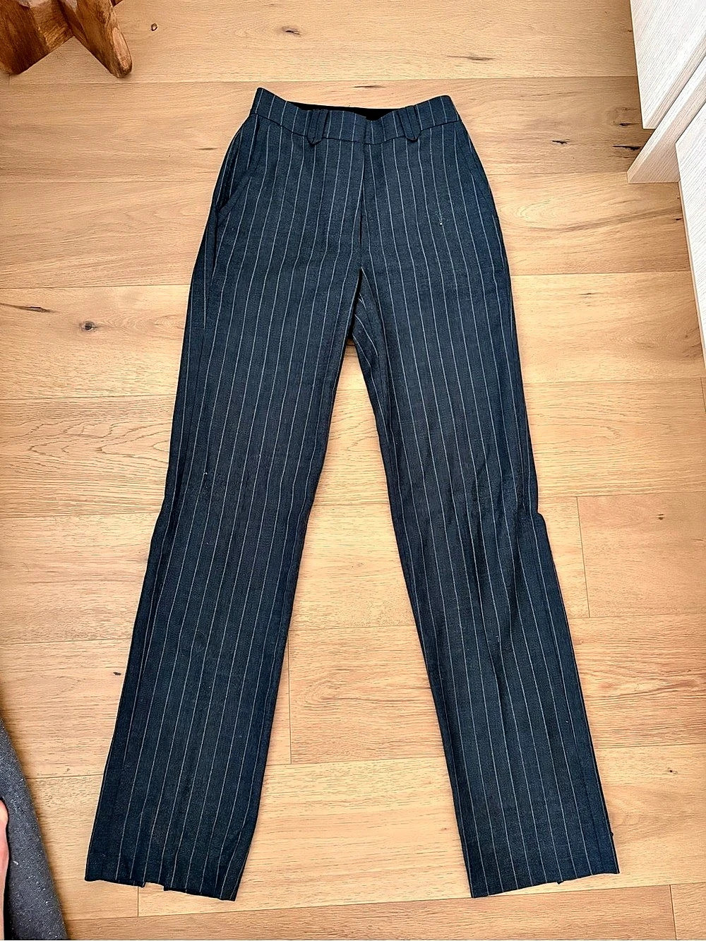 Anine Bing Drew Pinstripe Straight Leg Pants with Back Slit